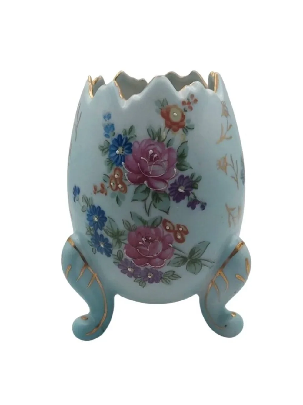 Cracked Egg Footed Vase Porcelain Blue Floral Gold Trim Japan Vintage MCM Easter